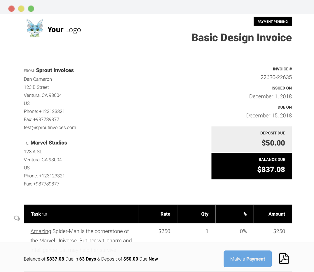 A WordPress invoice built with Sprout Invoices