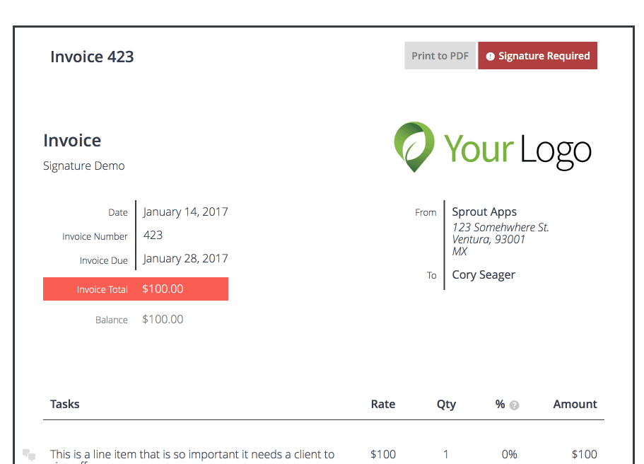 Example video of an invoice being signed using Digital Document Signing for WordPress Invoices & Estimates